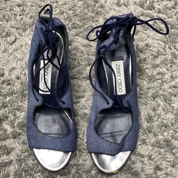 JIMMY CHOO Vernie Denim Leather Wood Heel Sandals - Picture 2 of 11